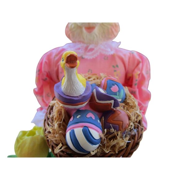 Fabric Mache Mrs. Easter Bunny Figurine With Tulips Eggs Duckling GUC - Picture 14 of 16